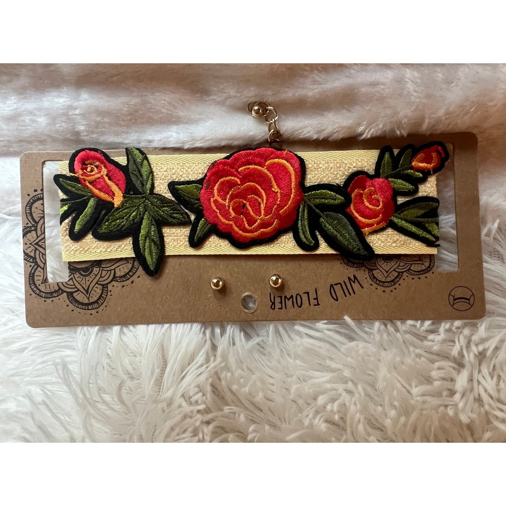 Wild Flower Rose Embroidered Choker & Earrings Set Red Boho‎ Rosecore Hippie